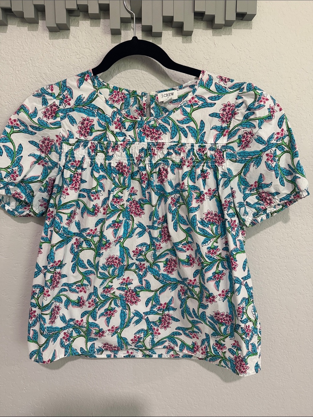 J. Crew White Cotton Floral Puff-Sleeve Top with Teal & Pink Print